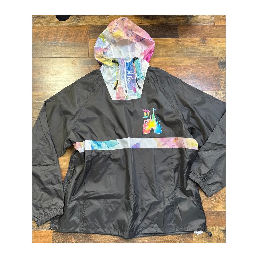 NWT Disneyland Windbreaker Rain Jacket Hood Black Rainbow Pastels Tie Dye DISNEY